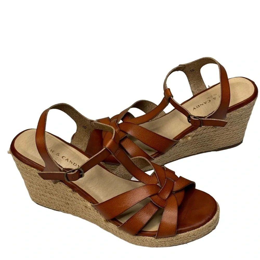 ROCK & CANDY by ZIGI Cognac Leather Espadrilles Platform Wedge Sandals Size 10